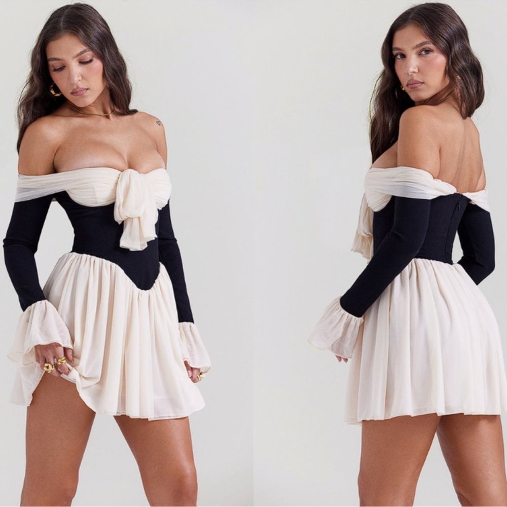 House of CB Black and Cream Off-Shoulder Dress